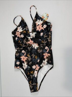 Girls Black Floral One-Piece Swimsuit with Pink & White Flowers Large